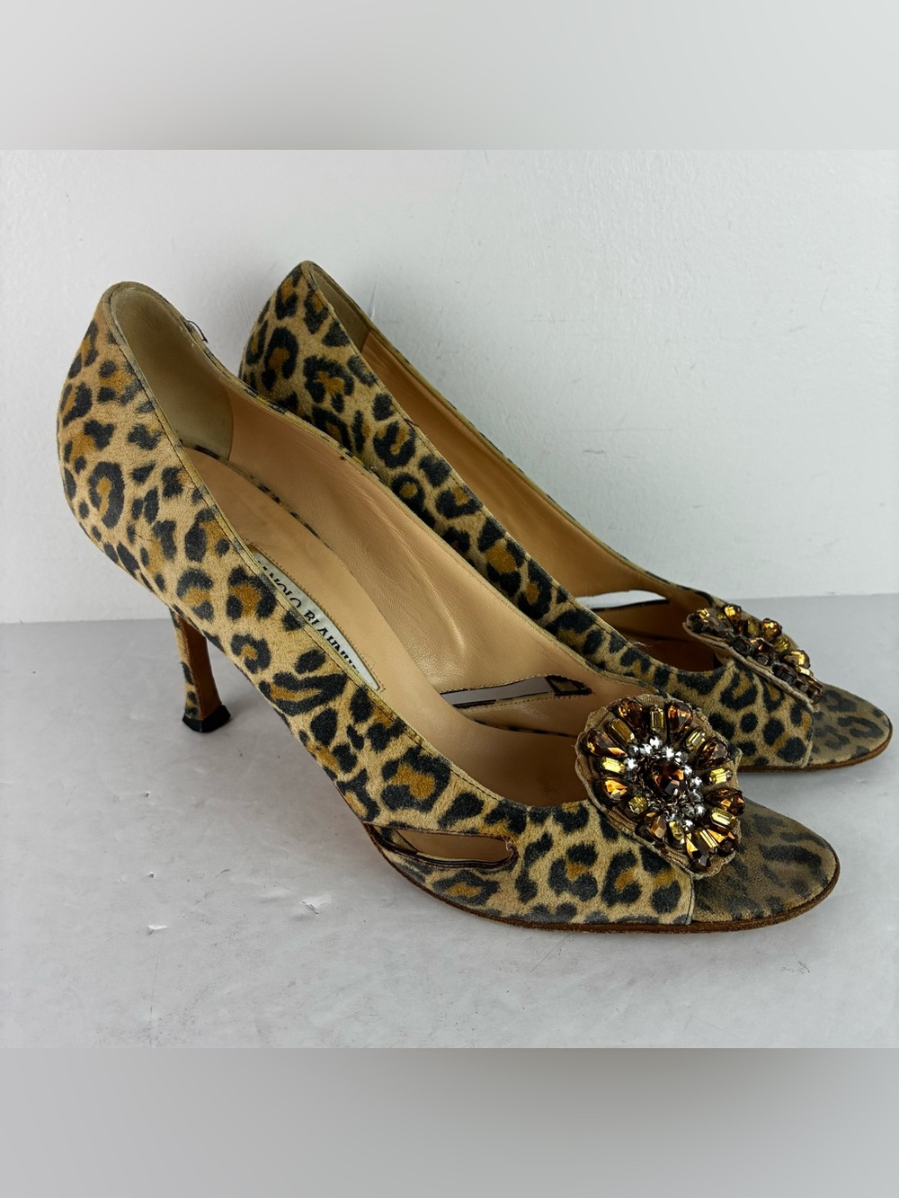 Manolo Blahnik Vintage 90’s Leopard Print Open Toe Heels